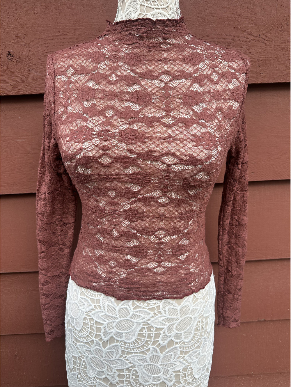 Vintage Sheer‎ Lace Mock Neck Top Chocolate Brown Whimsigoth Y2K Office